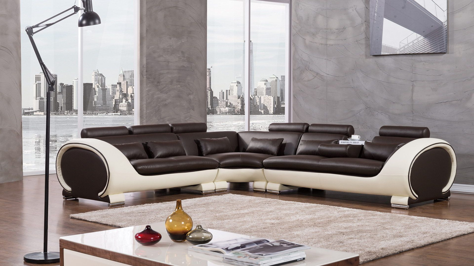 AE-LD801 Dark Chocolate and Cream Faux Leather Sectional - Right Sitting Contemporary Style by American Eagle Furniture