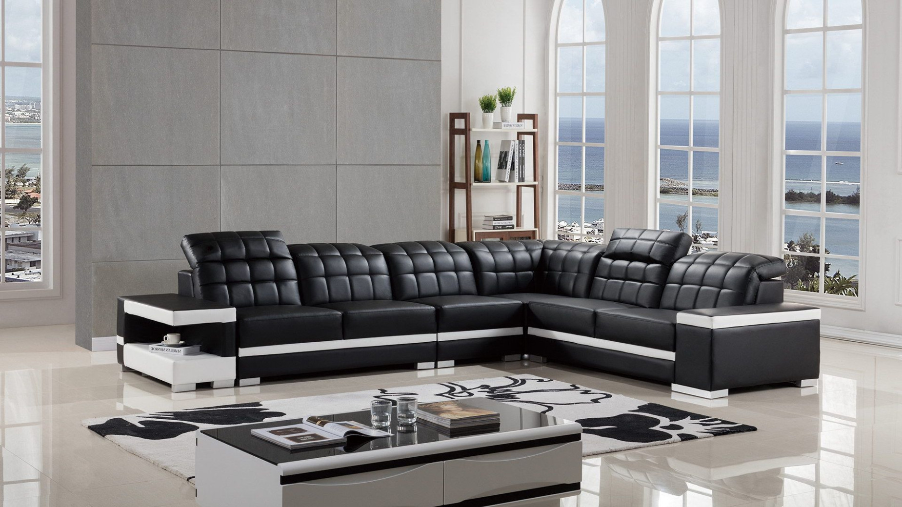 AE-LD809 Black and White Faux Leather Sectional - Left Facing Loveseat & Console Contemporary Style by American Eagle Furniture