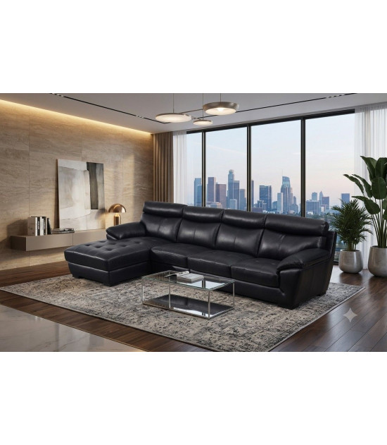 EK-L021 Black Italian Leather Sectional - Right Sitting Contemporary Style by American Eagle Furniture