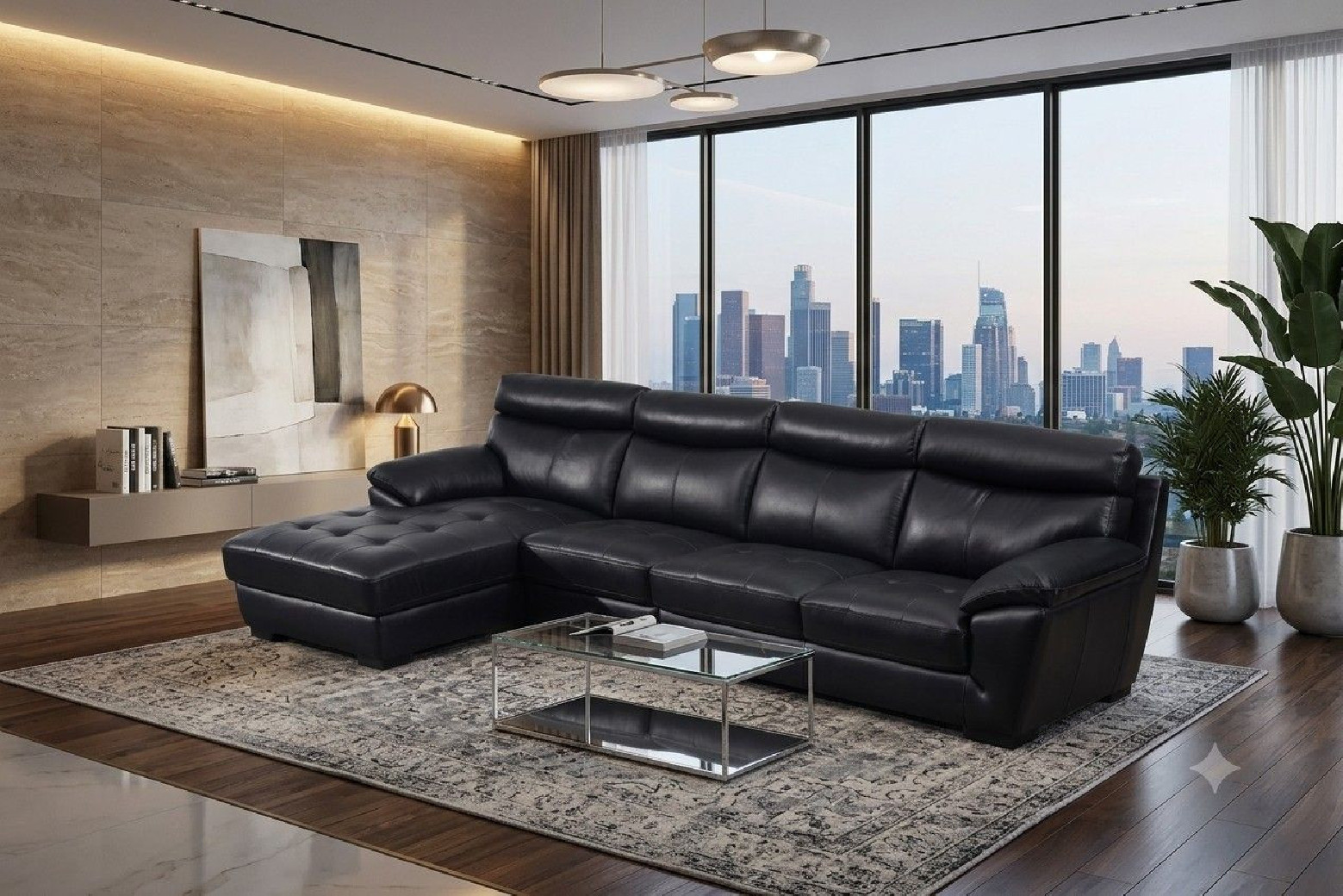 EK-L021 Black Italian Leather Sectional - Right Sitting Contemporary Style by American Eagle Furniture