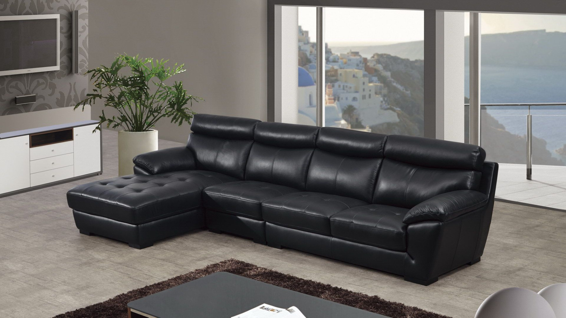 EK-L021 Black Italian Leather Sectional - Right Sitting Contemporary Style by American Eagle Furniture