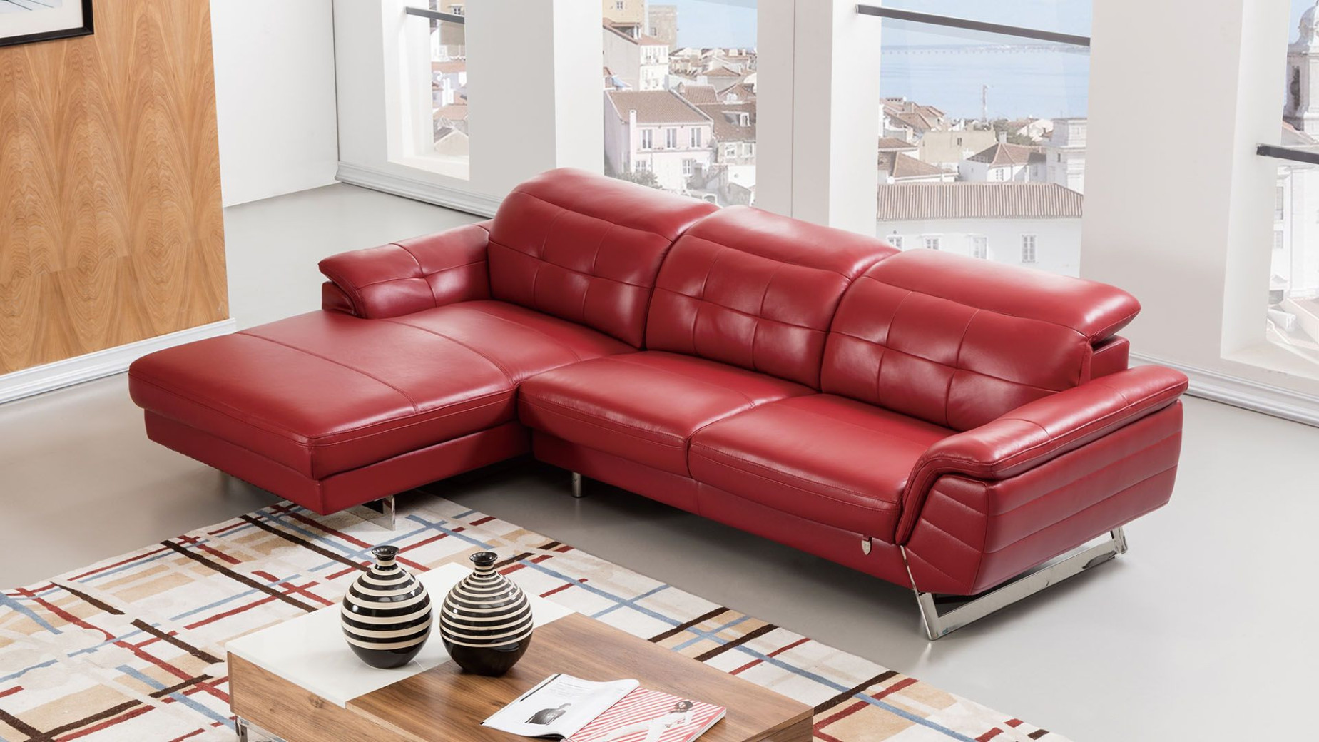 EK-L085 Red Italian Leather Sectional - Right Sitting Contemporary Style by American Eagle Furniture
