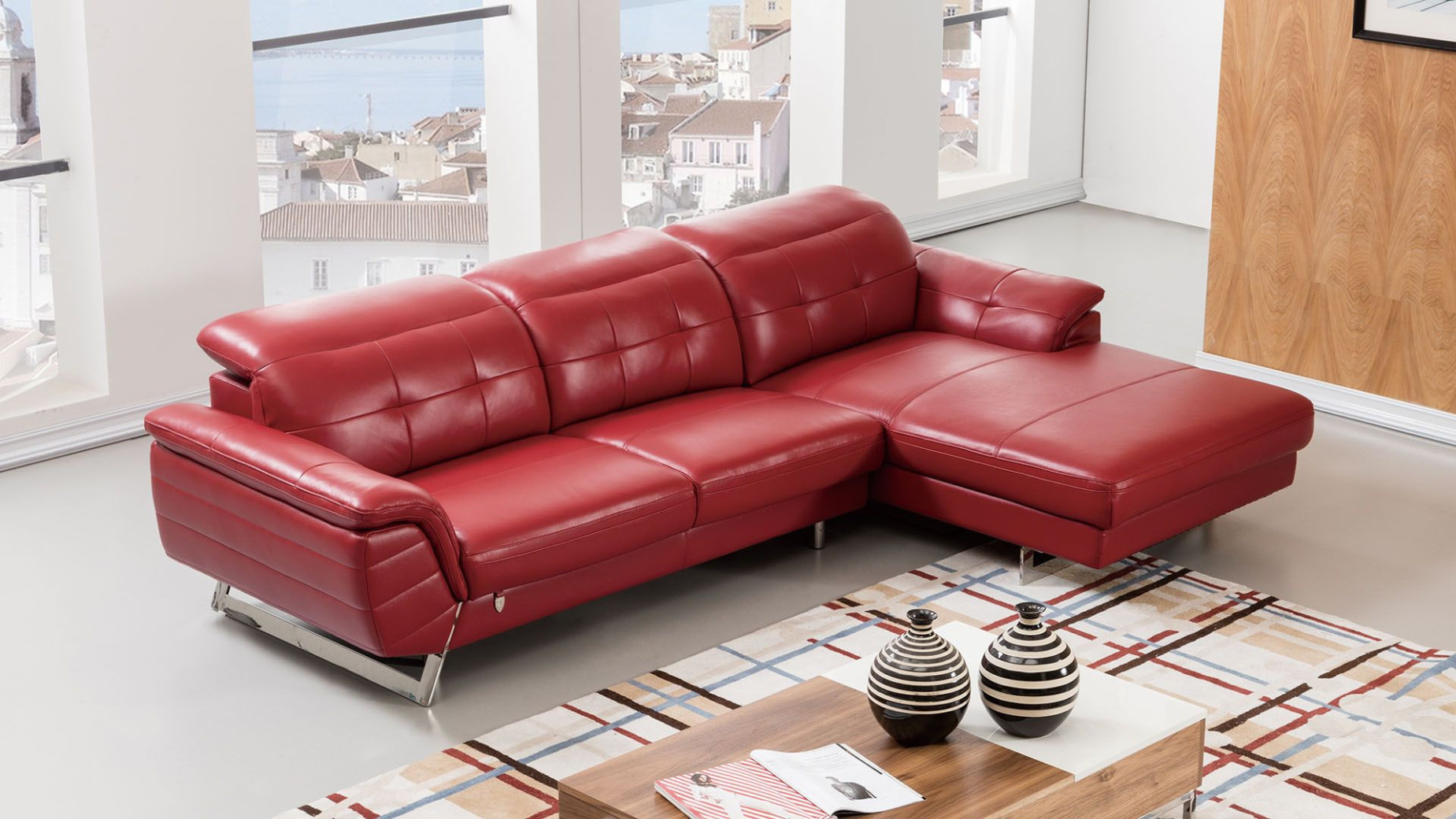 EK-L085 Red Italian Leather Sectional - Left Sitting Contemporary Style by American Eagle Furniture