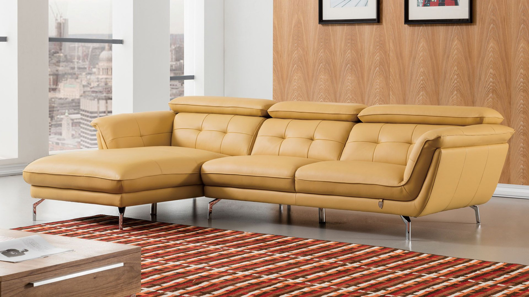 EK-L083 Yellow Italian Leather Sectional - Right Sitting Contemporary Style by American Eagle Furniture
