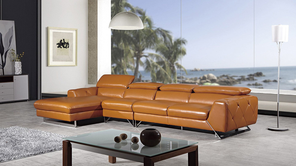 EK-L030 Orange Full Italian Leather Sectional - Right Sitting Contemporary Style by American Eagle Furniture