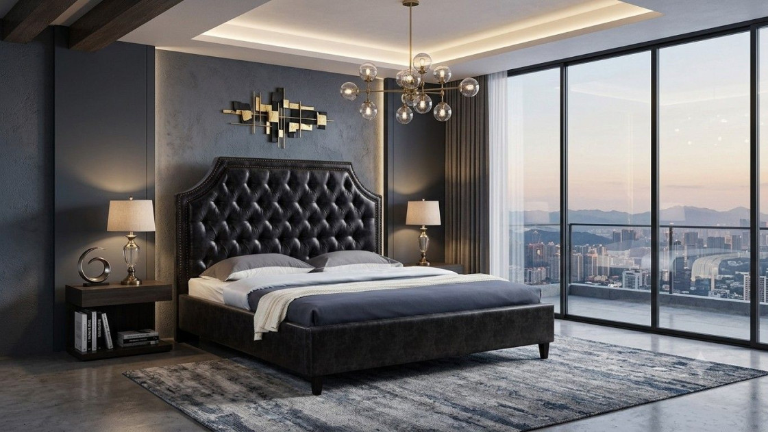 D063 Dark Gray Leather Air Fabric Eastern King Bed Contemporary Style by American Eagle Furniture