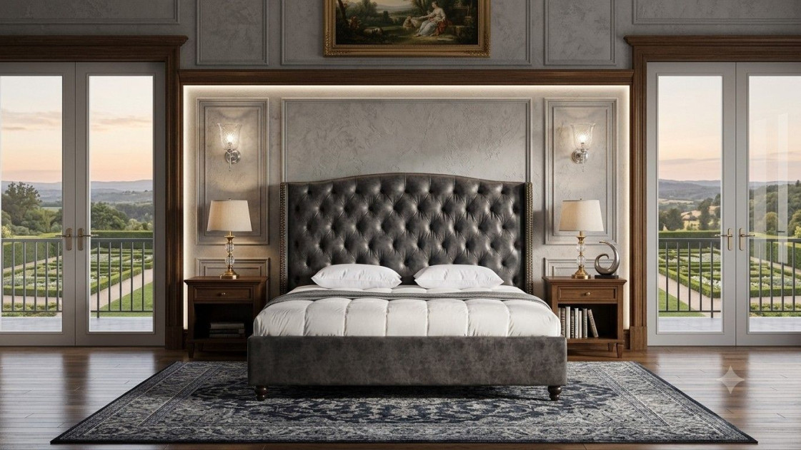 D062 Dark Gray Queen Leather Air Fabric Bed Contemporary Style by American Eagle Furniture