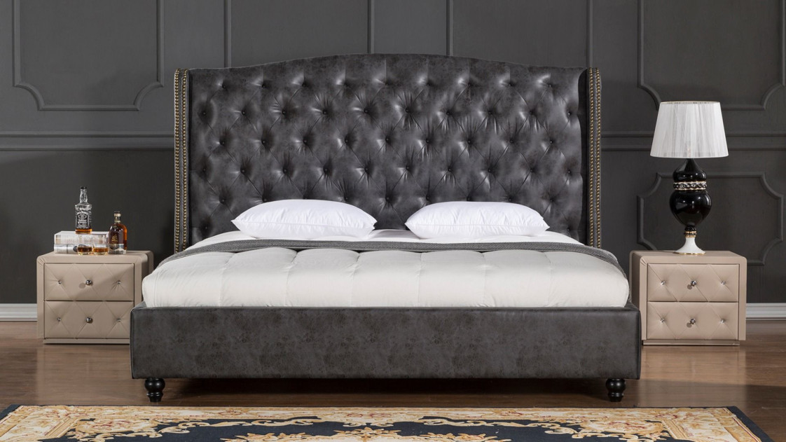 D062 Dark Gray Queen Leather Air Fabric Bed Contemporary Style by American Eagle Furniture