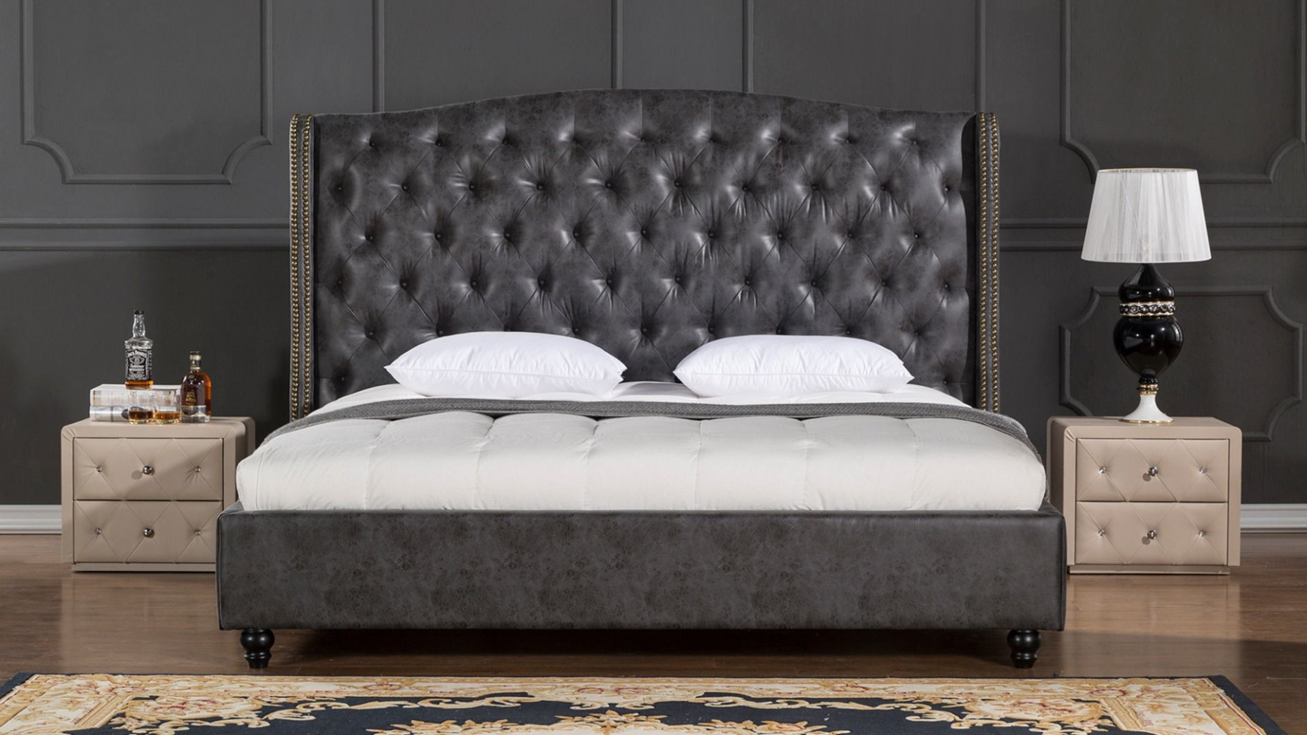 D062 Dark Gray Queen Leather Air Fabric Bed Contemporary Style by American Eagle Furniture
