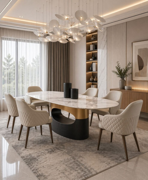 TL-J3131 7Pc Faux Marble & Metal Dining Table Set Contemporary Style by American Eagle Furniture