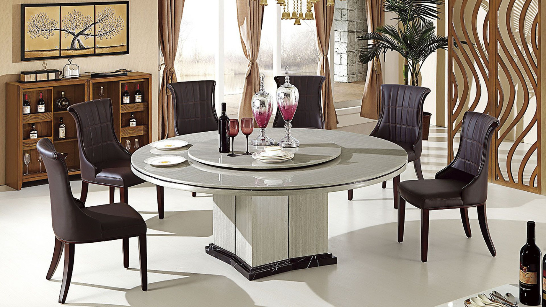 H61 Round Faux Marble Top 7-Piece Dining Table Set – Contemporary Style by American Eagle Furniture