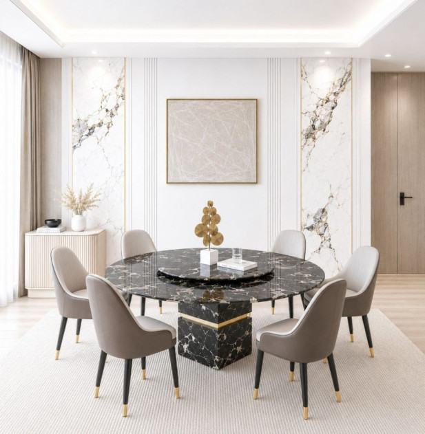 DT-H11A 71" Faux Marble Top 7Pc Round Dining Table Contemporary Style By Acme Furniture