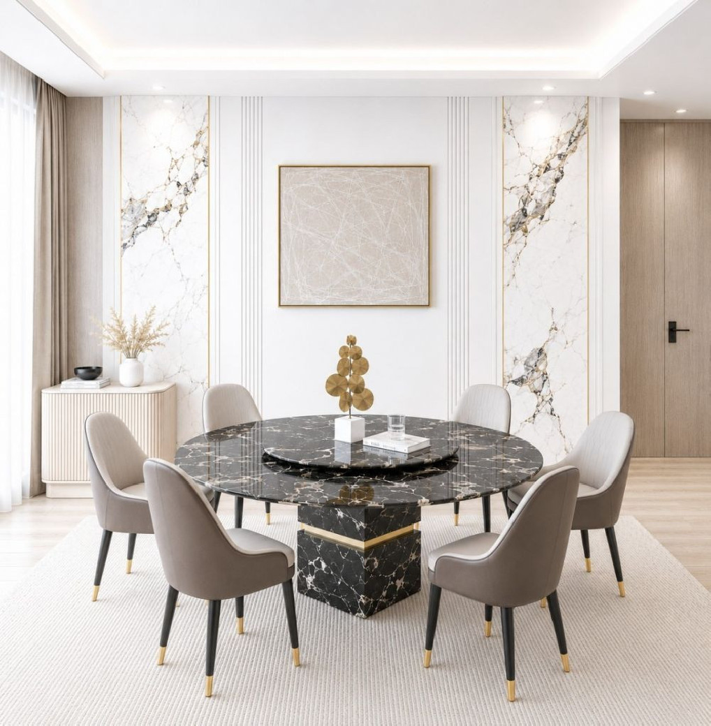 DT-H11A 71" Faux Marble Top 7Pc Round Dining Table Contemporary Style By Acme Furniture