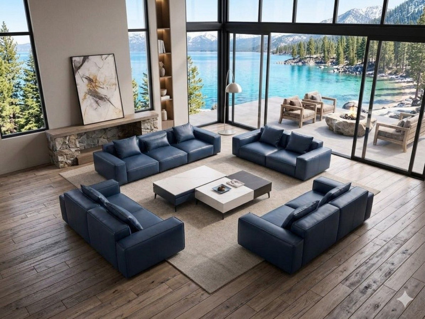 EK8008 Navy Blue Full Leather Sofa & Loveseat Contemporary Style by American Eagle