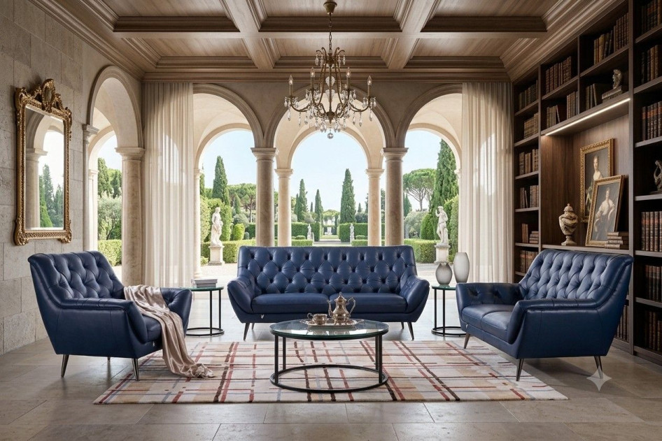 EK8003 Navy Blue Italian Leather Sofa & Loveseat Contemporary Style by American Eagle Furniture