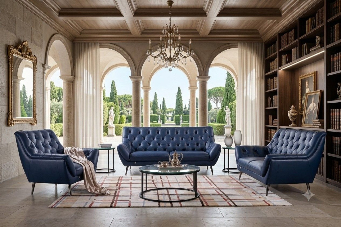EK8003 Navy Blue Italian Leather Sofa & Loveseat Contemporary Style by American Eagle Furniture