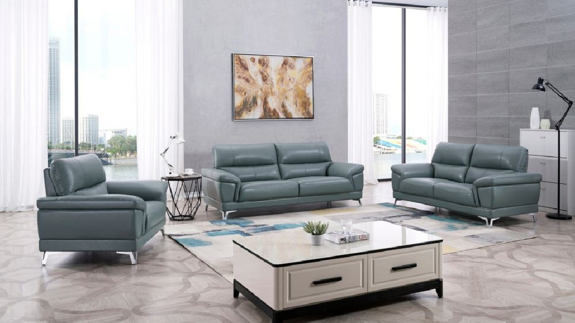 EK151 Light Grayish Blue Genuine Leather Sofa & Loveseat Contemporary Style by American Eagle Furniture
