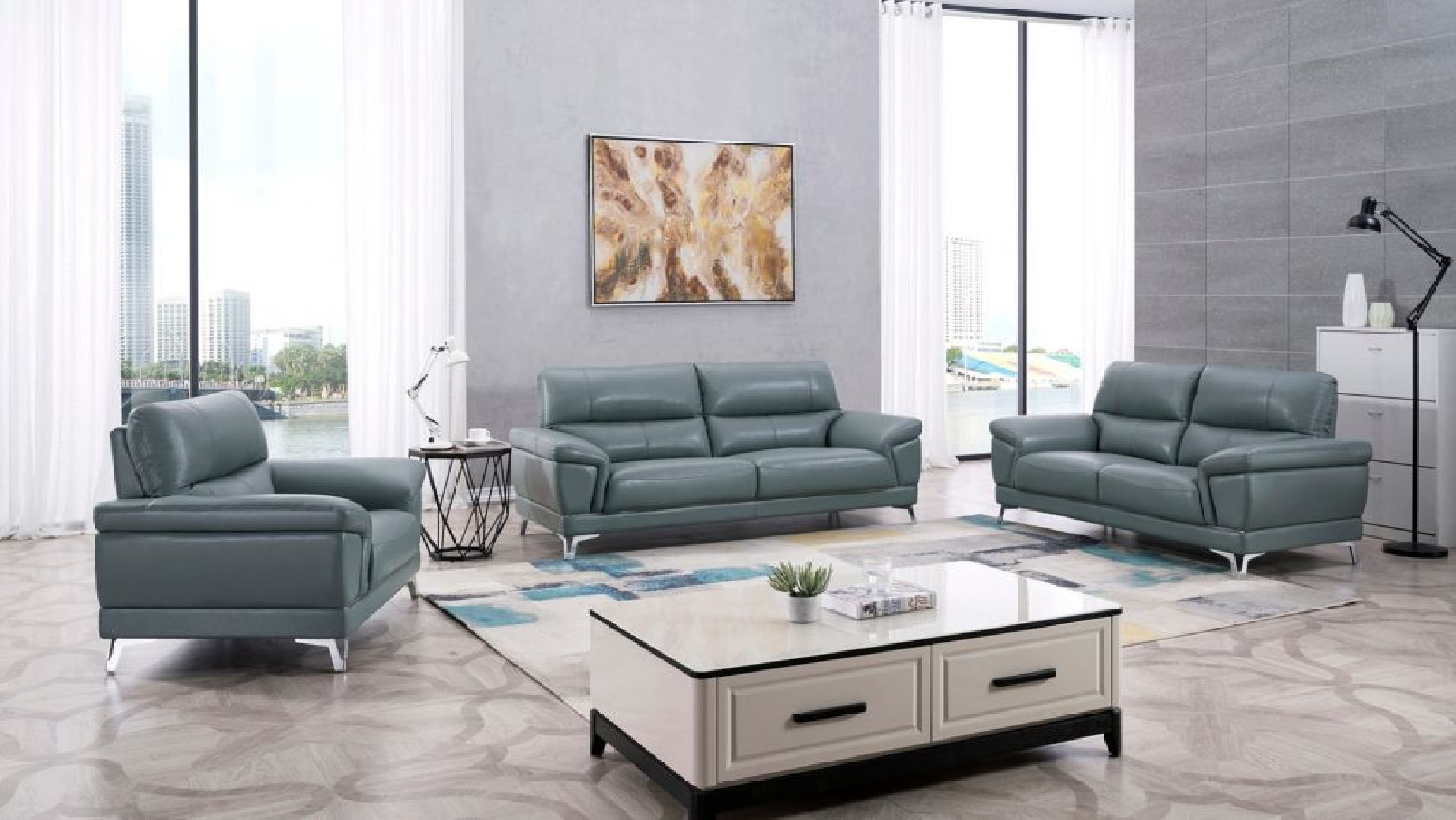 EK151 Light Grayish Blue Genuine Leather Sofa & Loveseat Contemporary Style by American Eagle Furniture