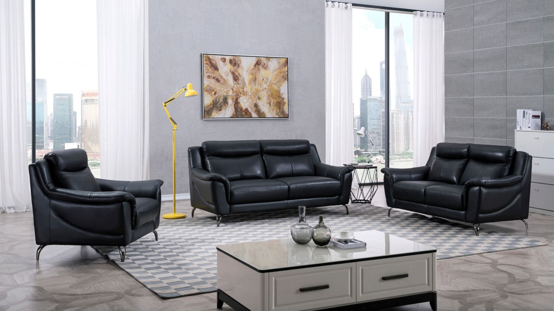 EK150 Black Genuine Leather Sofa & Loveseat Contemporary Style by American Eagle Furniture