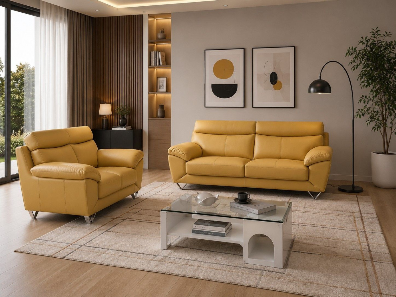 EK078 Yellow Italian Leather Sofa & Loveseat Contemporary Style by American Eagle Furniture