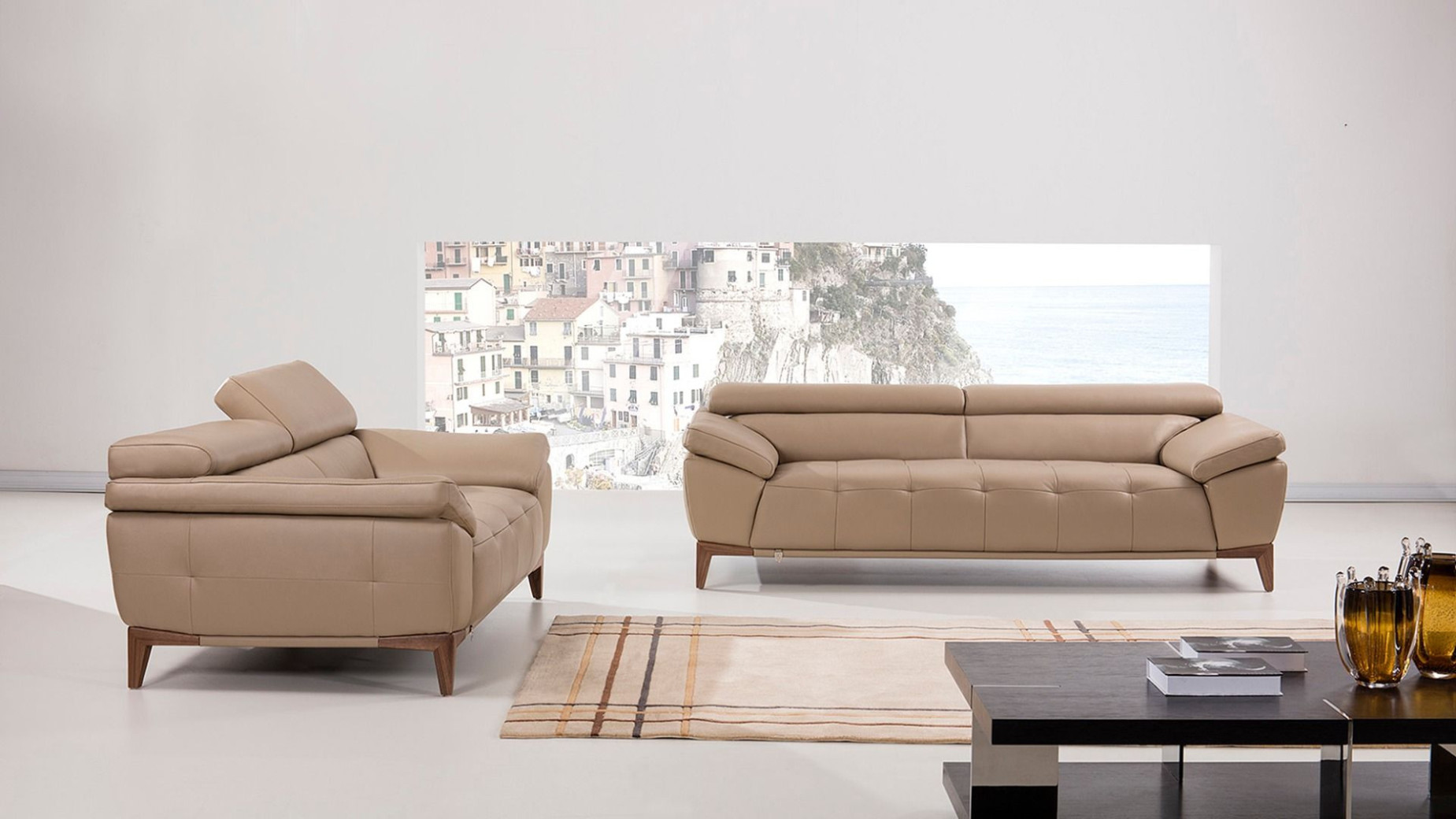 EK073 Tan Italian Leather Sofa & Loveseat Contemporary Style by American Eagle Furniture