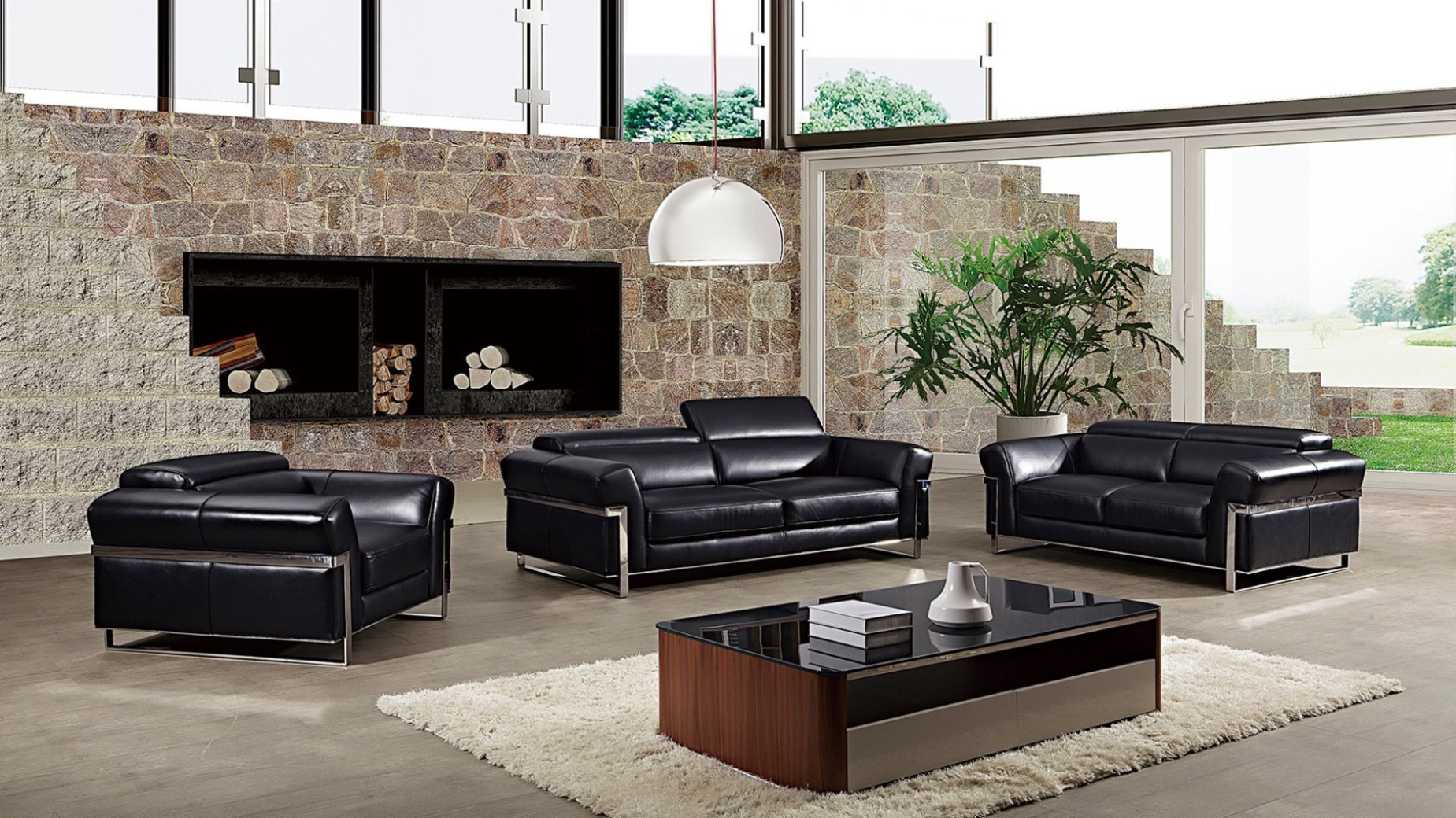 EK012 Black Italian Full Leather Sofa  & Loveseat Contemporary Style by American Eagle Furniture