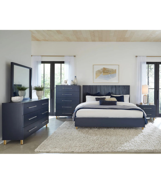 5PC Queen Bedroom Set Glam Style in Navy Blue & Burnished Brass – Argento Collection by Modus Furniture