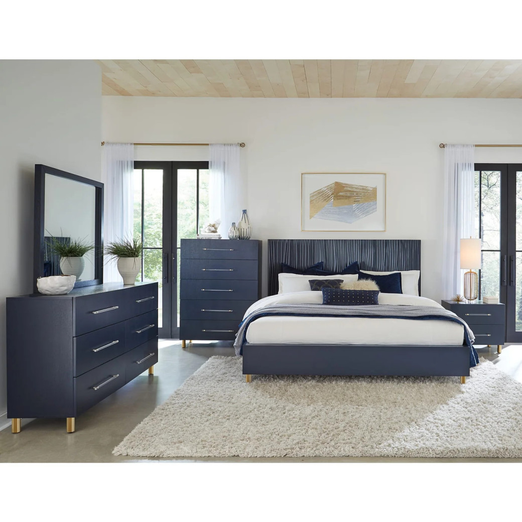 5PC Queen Bedroom Set Glam Style in Navy Blue & Burnished Brass – Argento Collection by Modus Furniture