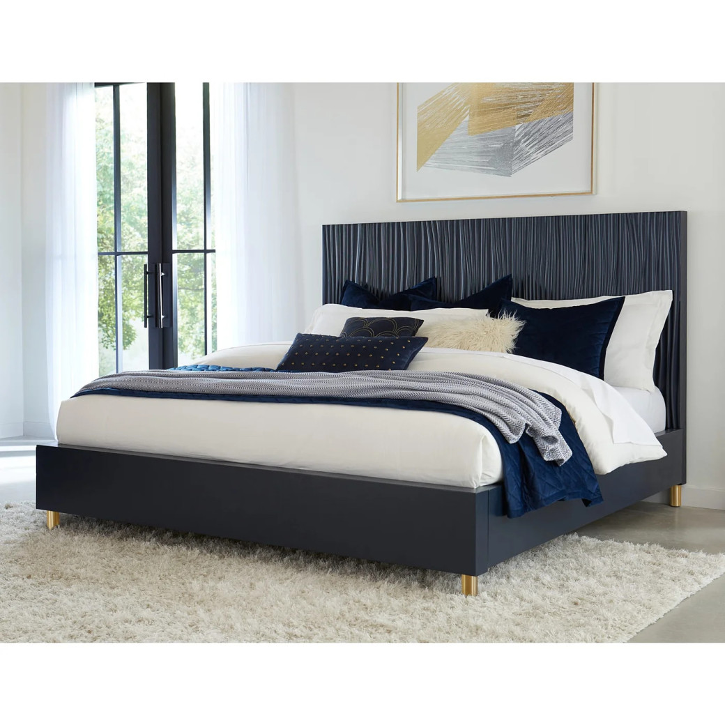 5PC Queen Bedroom Set Glam Style in Navy Blue & Burnished Brass – Argento Collection by Modus Furniture