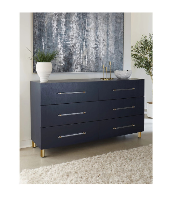 5PC Queen Bedroom Set Glam Style in Navy Blue & Burnished Brass – Argento Collection by Modus Furniture