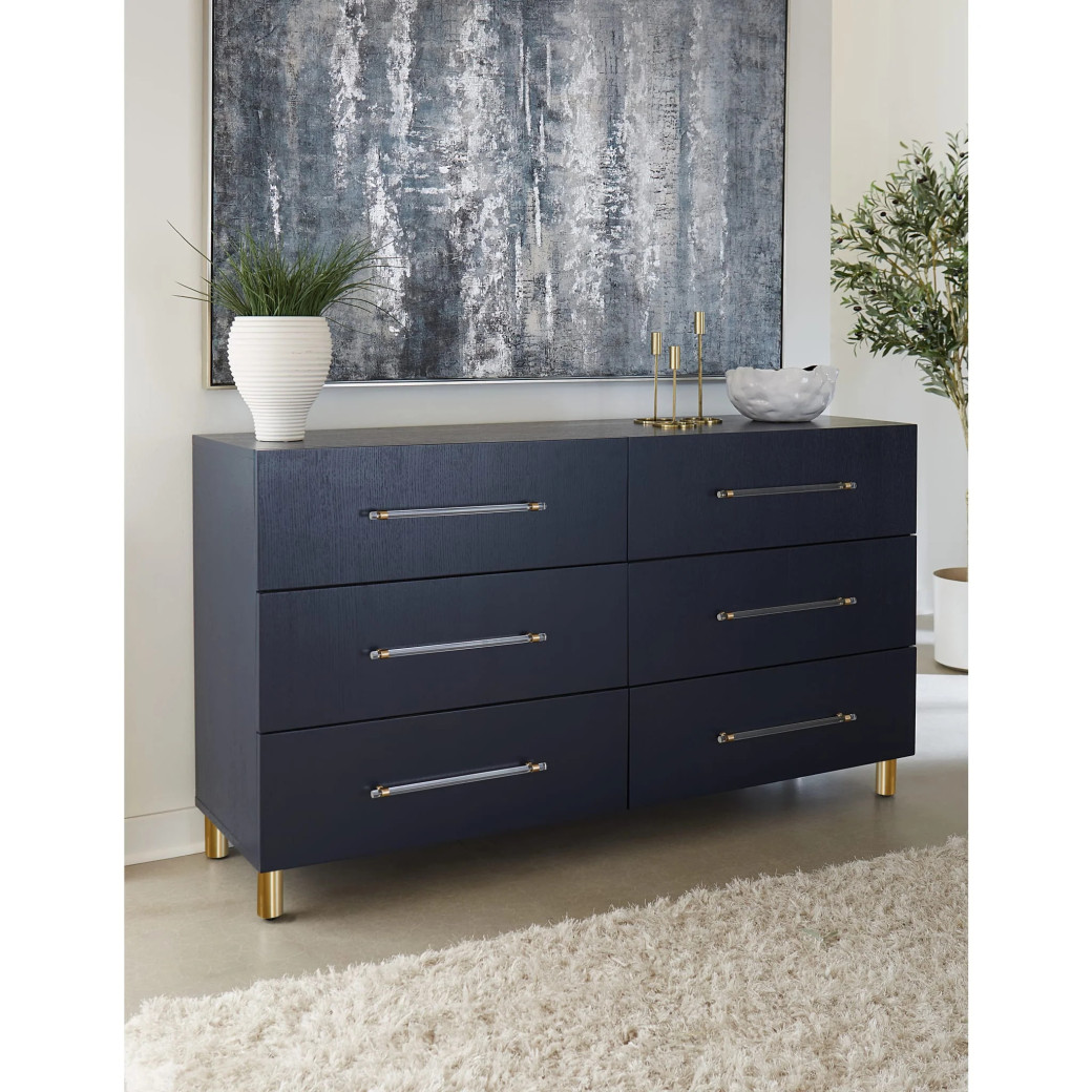 5PC Queen Bedroom Set Glam Style in Navy Blue & Burnished Brass – Argento Collection by Modus Furniture