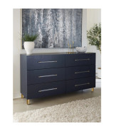 5PC Queen Bedroom Set Glam Style in Navy Blue & Burnished Brass – Argento Collection by Modus Furniture