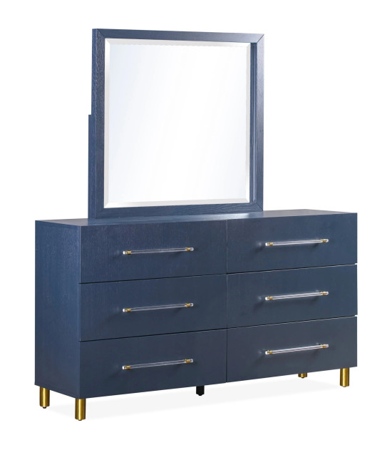 5PC Queen Bedroom Set Glam Style in Navy Blue & Burnished Brass – Argento Collection by Modus Furniture