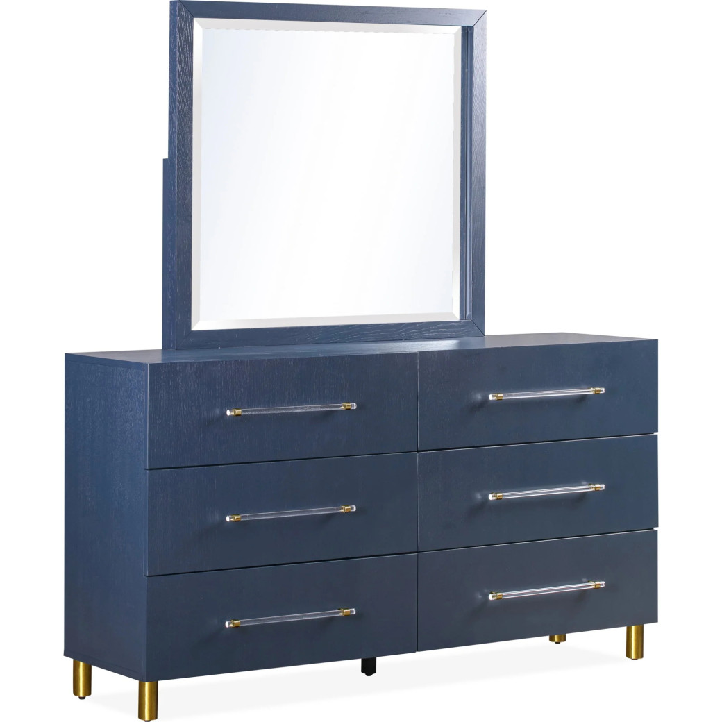 5PC Queen Bedroom Set Glam Style in Navy Blue & Burnished Brass – Argento Collection by Modus Furniture
