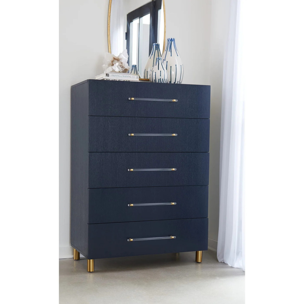 5PC Queen Bedroom Set Glam Style in Navy Blue & Burnished Brass – Argento Collection by Modus Furniture