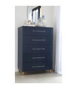 5PC Queen Bedroom Set Glam Style in Navy Blue & Burnished Brass – Argento Collection by Modus Furniture