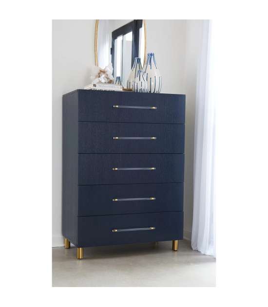 5PC Queen Bedroom Set Glam Style in Navy Blue & Burnished Brass – Argento Collection by Modus Furniture