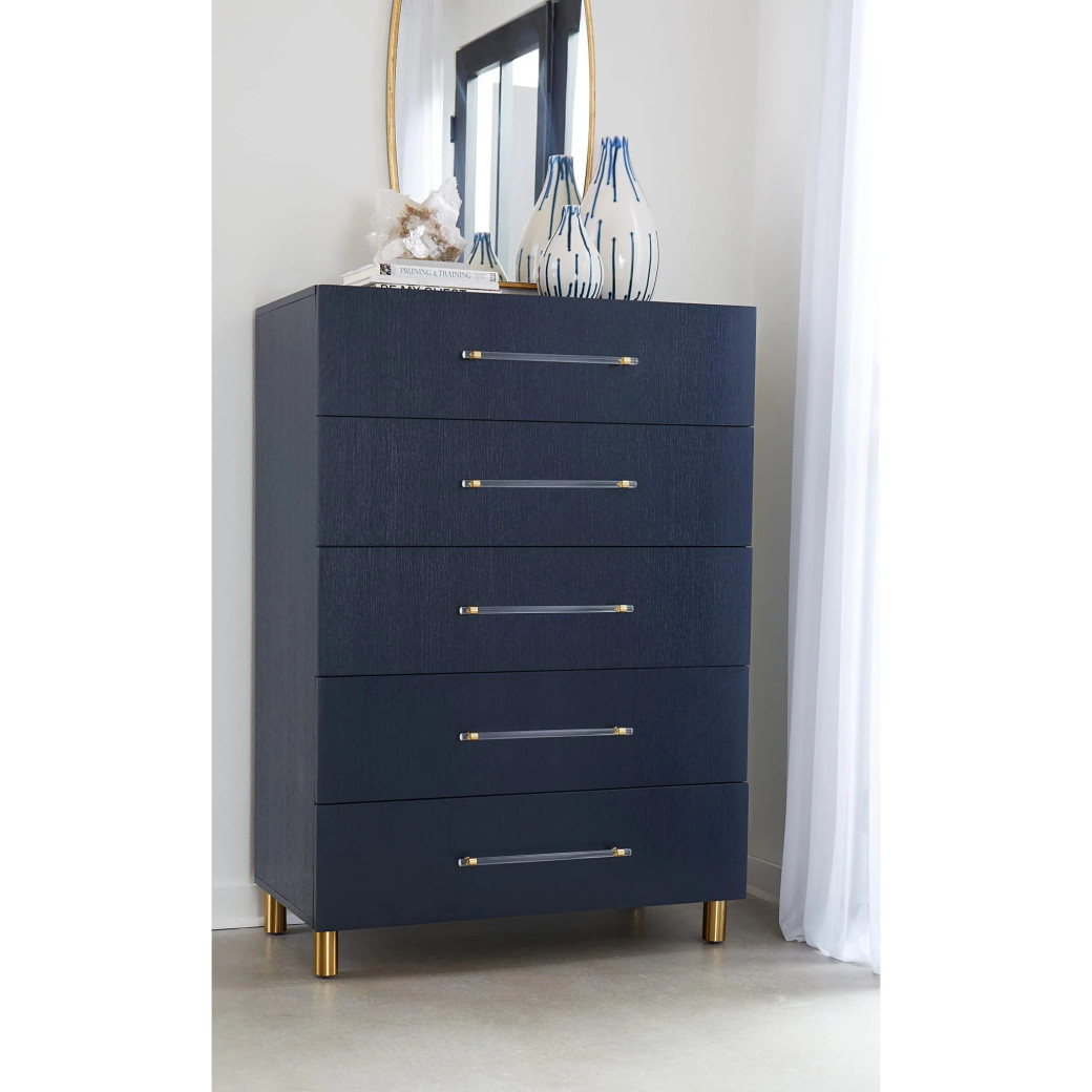 5PC Queen Bedroom Set Glam Style in Navy Blue & Burnished Brass – Argento Collection by Modus Furniture