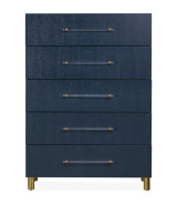 5PC Queen Bedroom Set Glam Style in Navy Blue & Burnished Brass – Argento Collection by Modus Furniture