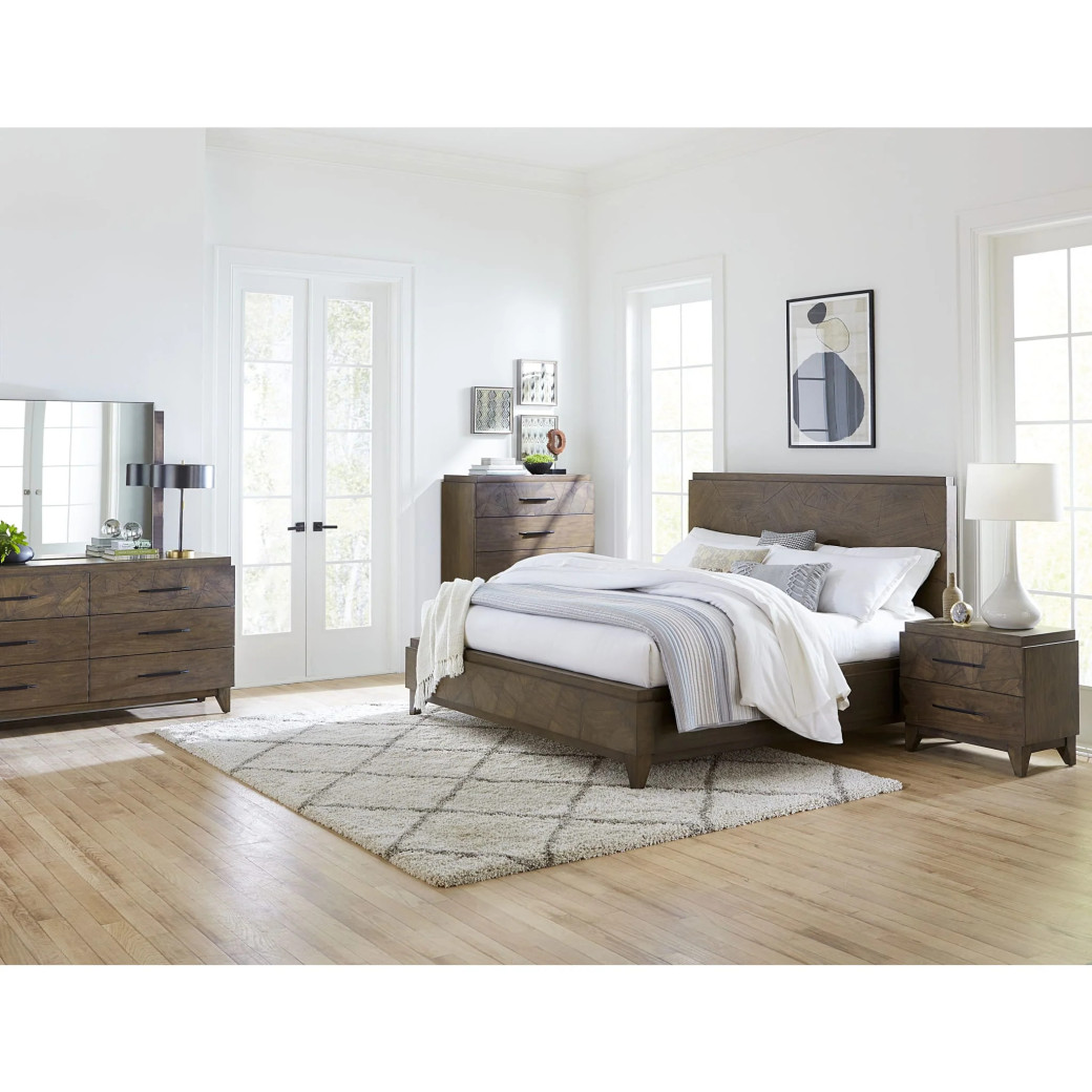 5PC Full Size Bedroom Set – Mid-Century Modern Style, Wild Oats Brown Finish | Broderick Collection by Modus Furniture