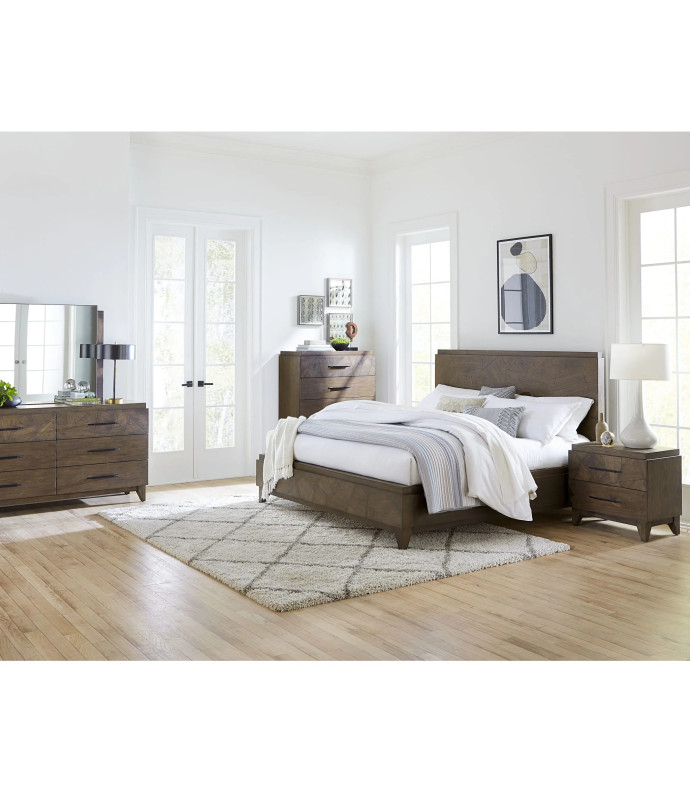 5PC Full Size Bedroom Set – Mid-Century Modern Style, Wild Oats Brown Finish | Broderick Collection by Modus Furniture