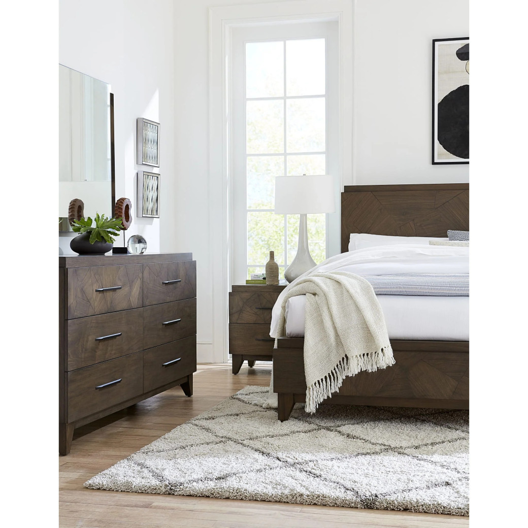 5PC Full Size Bedroom Set – Mid-Century Modern Style, Wild Oats Brown Finish | Broderick Collection by Modus Furniture
