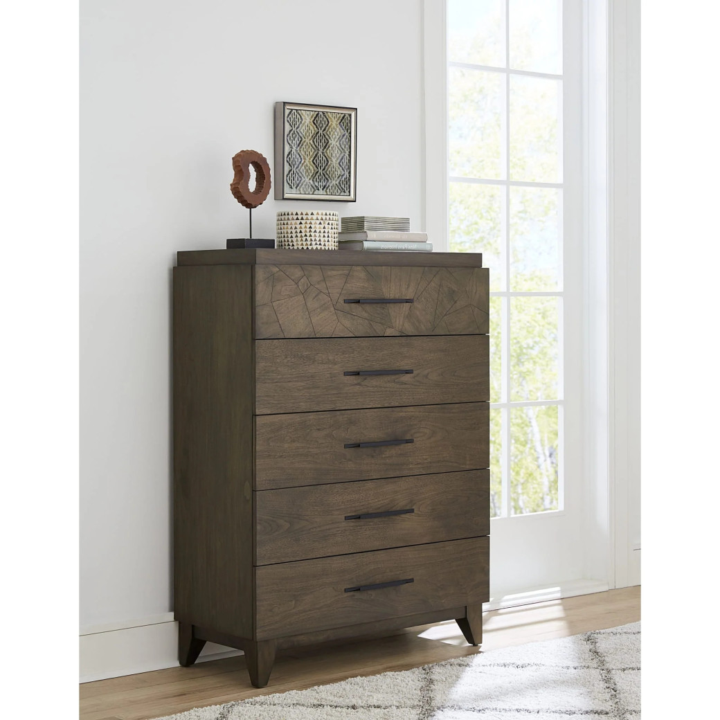 5PC Full Size Bedroom Set – Mid-Century Modern Style, Wild Oats Brown Finish | Broderick Collection by Modus Furniture