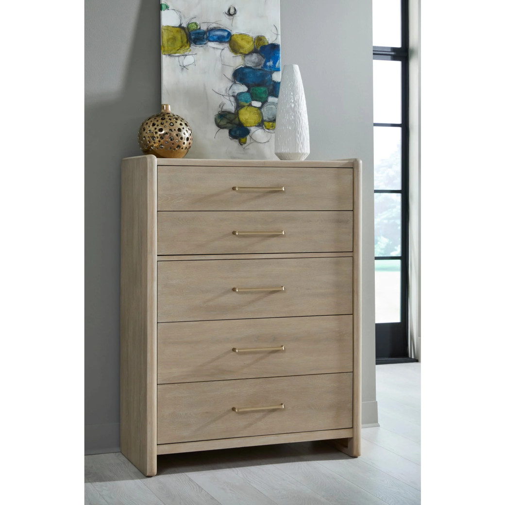5PC Full Size Bedroom Set – Contemporary Style, Cotton & Chai Finish, Gardenia Collection by Modus Furniture