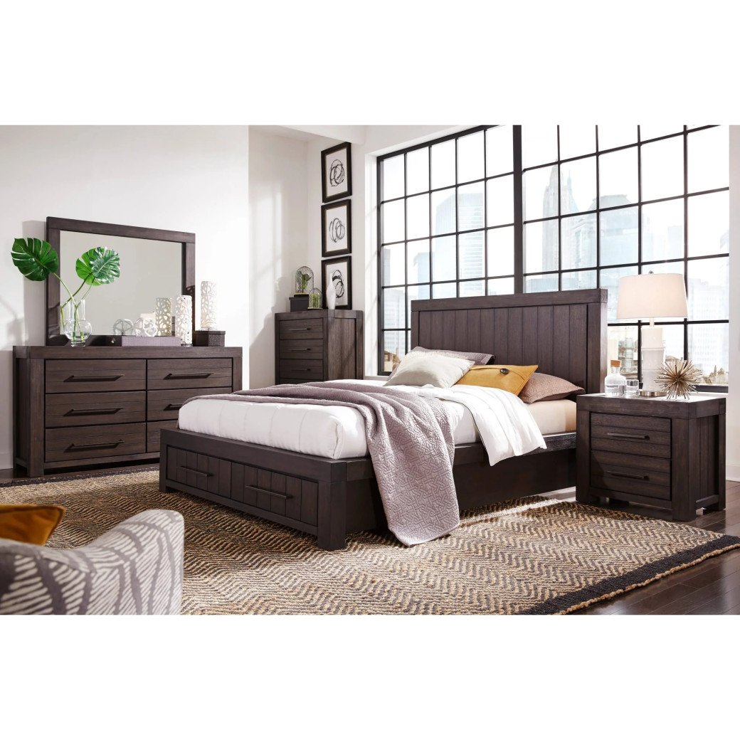 5PC Full Size Bedroom Set – Heath Collection by Modus Furniture Contemporary Style | Wood Platform Bed | Basalt Grey Finish