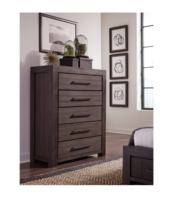 5PC Full Size Bedroom Set – Heath Collection by Modus Furniture Contemporary Style | Wood Platform Bed | Basalt Grey Finish