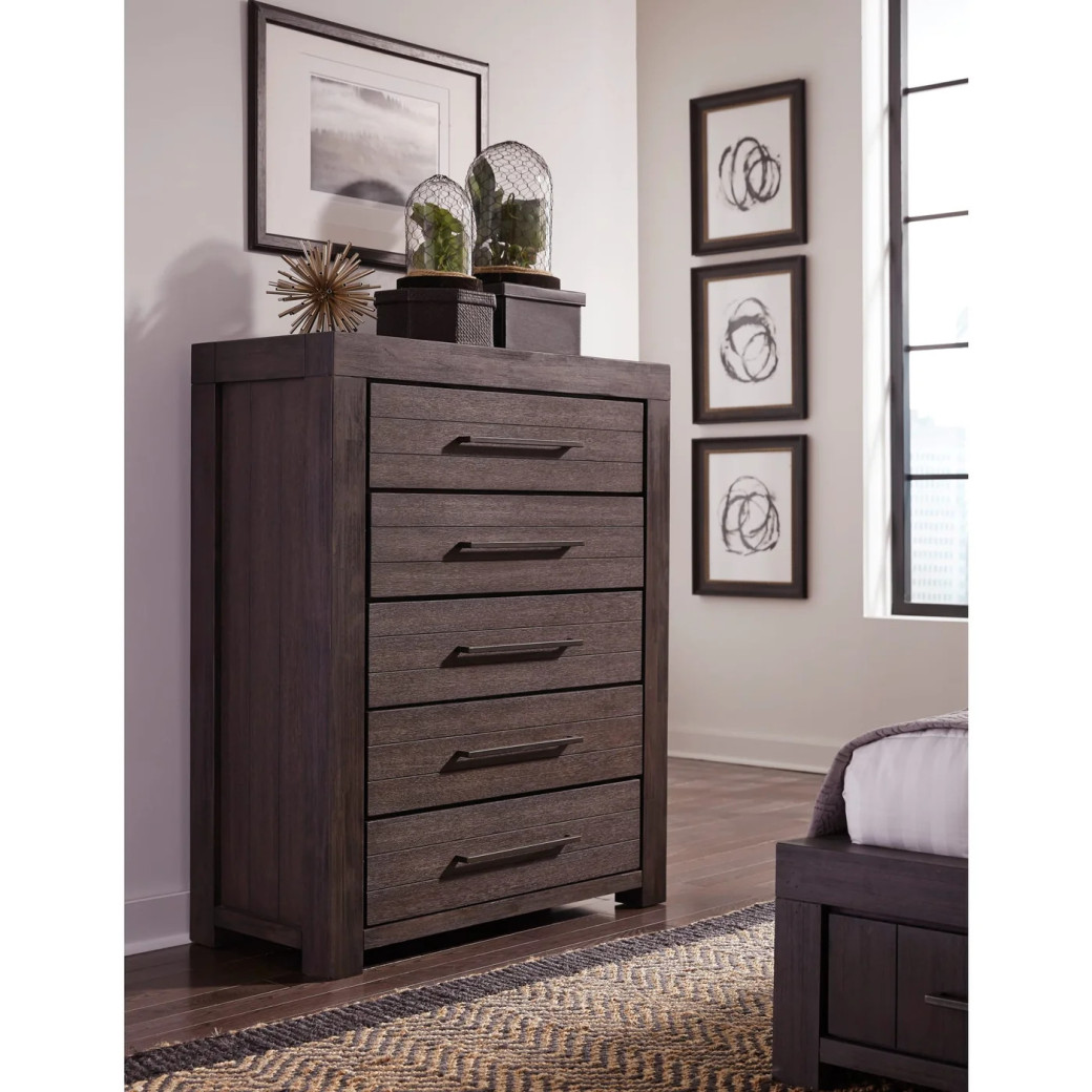 5PC Full Size Bedroom Set – Heath Collection by Modus Furniture Contemporary Style | Wood Platform Bed | Basalt Grey Finish