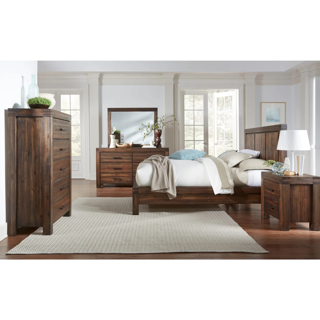 5-Piece Full-Size Bedroom Set – Rustic Modern Style in Brick Brown Finish | Meadow Collection by Modus Furniture