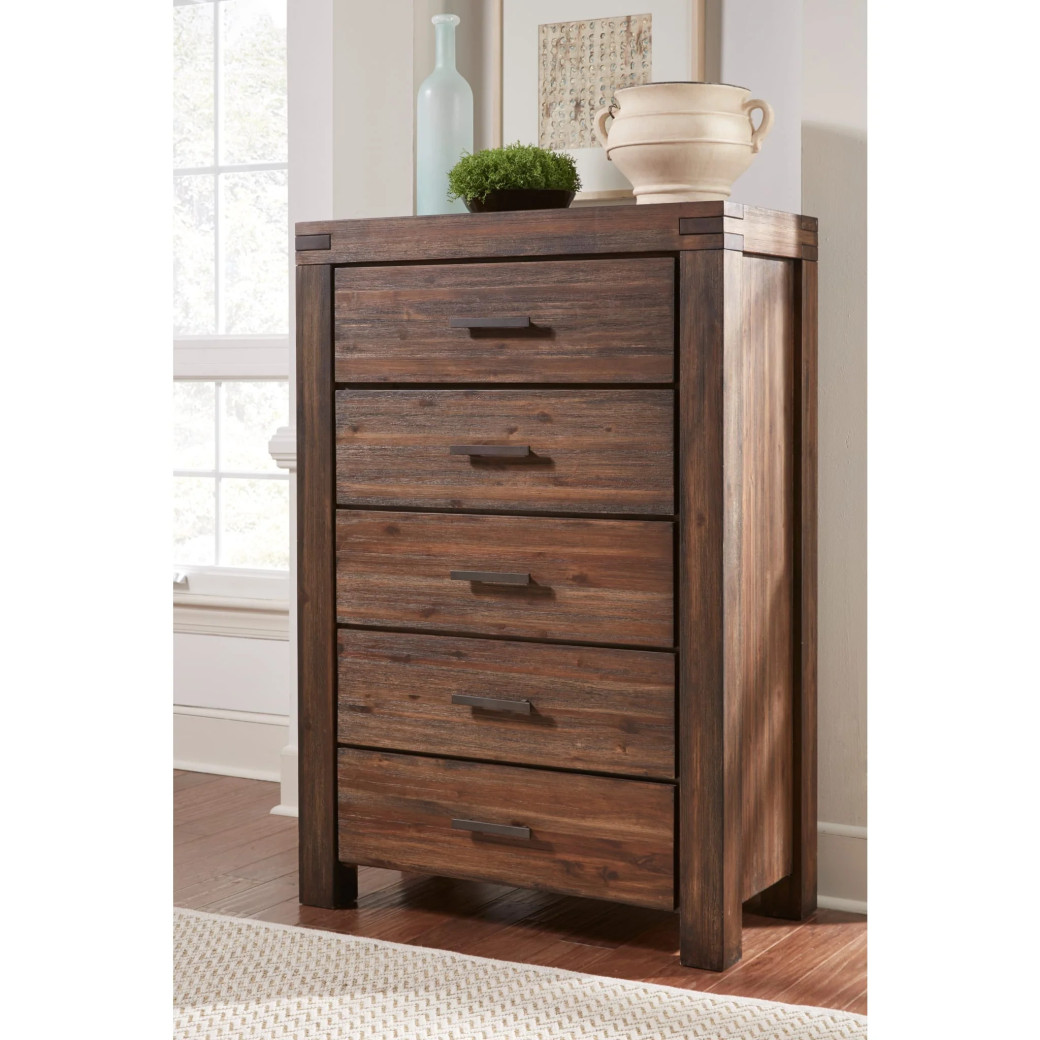 5-Piece Full-Size Bedroom Set – Rustic Modern Style in Brick Brown Finish | Meadow Collection by Modus Furniture