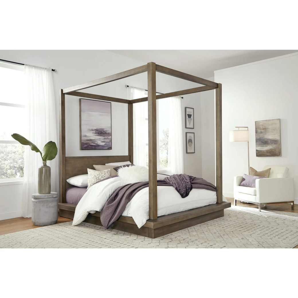5PC Full Size Canopy Bed Set Rustic Modern Style in Dark Pine .Melbourne Collection By Modus Furniture
